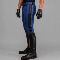Side profile view highlighting the slim tapered leg, mid-rise fit, and striking vertical white stripe detail of the leather breeches.
