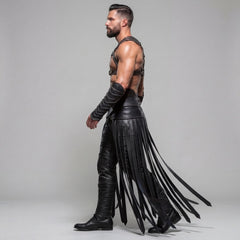 Side profile angle of man walking forward showcasing trailing long leather fringe panels, segmented leg armor ridges, and buckled chest harness