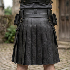 Detailed rear view of mens black leather kilt showing structured knife pleats, wide belt loops, and antique brass D rings