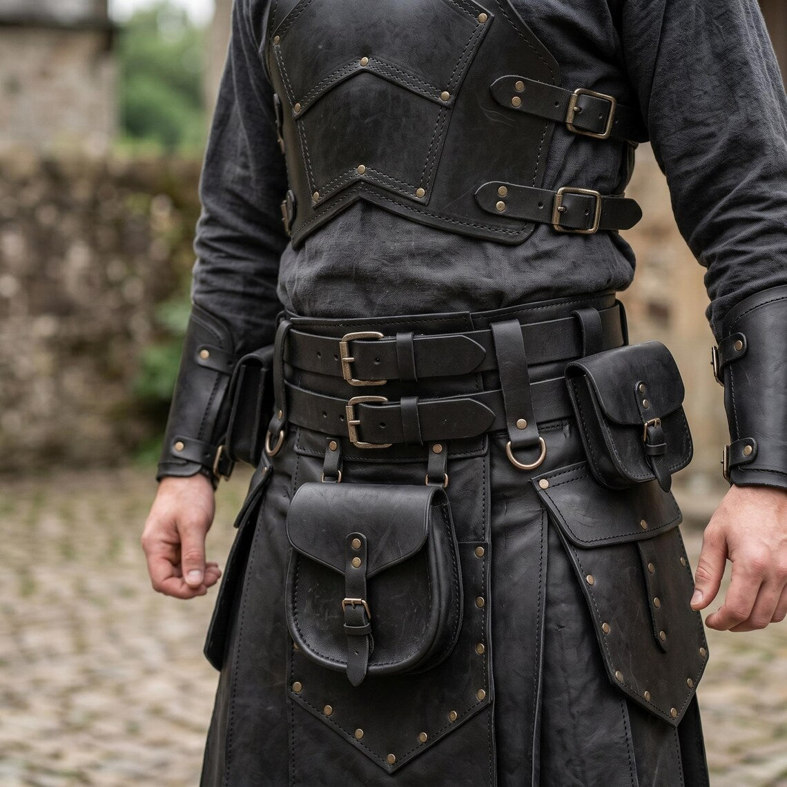 Close up front perspective of black cowhide leather chest armor and utility kilt displaying antique brass buckles, studs, and bracers