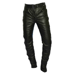 Front view of men's slim fit black leather biker trousers showing the lace-up fly closure and studded belt.