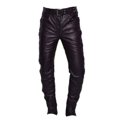 Front view of men's slim fit black leather biker trousers showing the lace-up fly closure and studded belt.