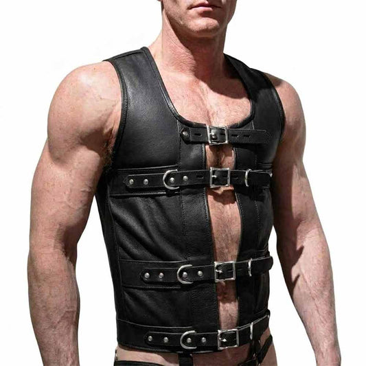 Front view of a shirtless athletic man wearing a black top-grain leather corset vest featuring four lockable buckle straps and side D-rings.
