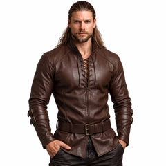 Front view of athletic man with long hair wearing handmade dark brown cowhide leather viking tunic with lace-up chest, stand collar, and buckled waist belt