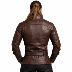 Direct back view of male model in brown leather medieval warrior shirt showing tailored vertical seams, stand collar, and matching waist belt
