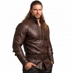 Three-quarter perspective of man wearing dark brown leather renaissance tunic highlighting dual forearm buckle straps and chest eyelet lacing