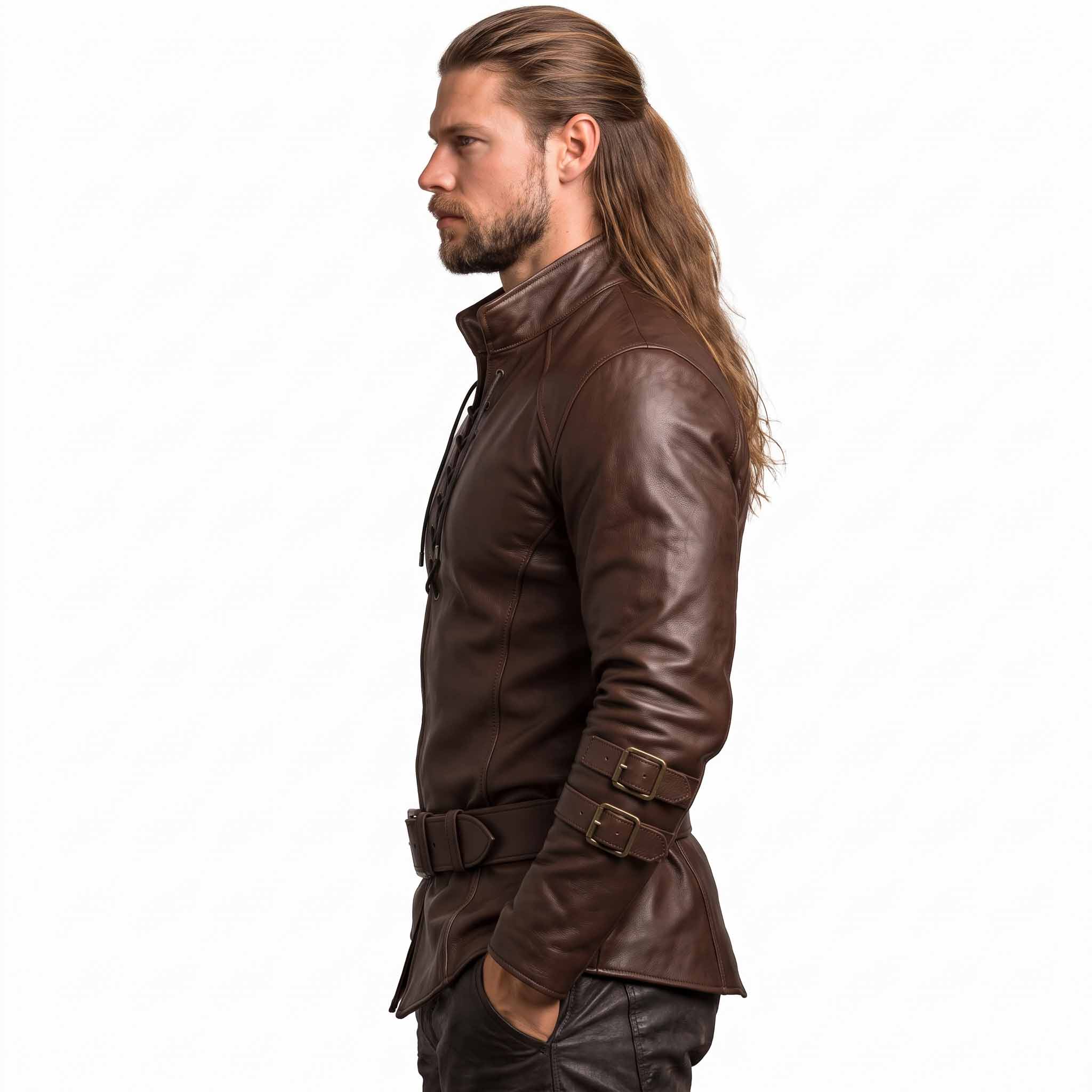 Side profile 90 degree studio shot of fitted brown leather larp warrior top showing sleeve buckle hardware and pointed peplum hemline