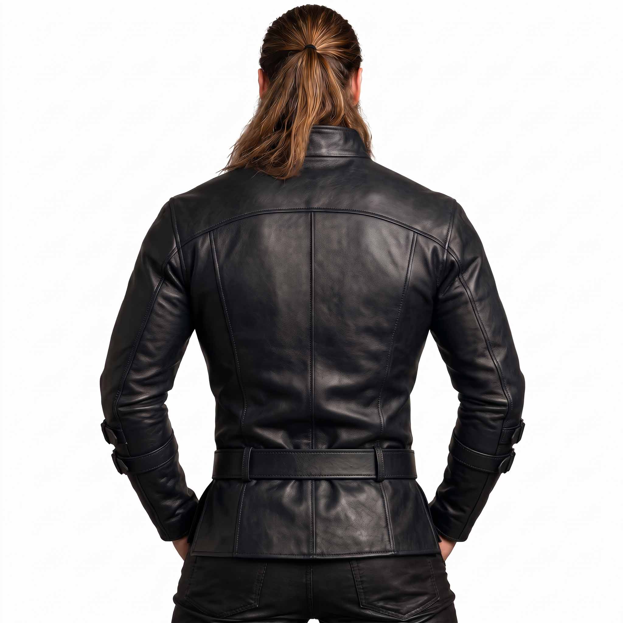 Direct rear view of man modeling black leather medieval combat tunic displaying clean back panel construction and buckled leather belt