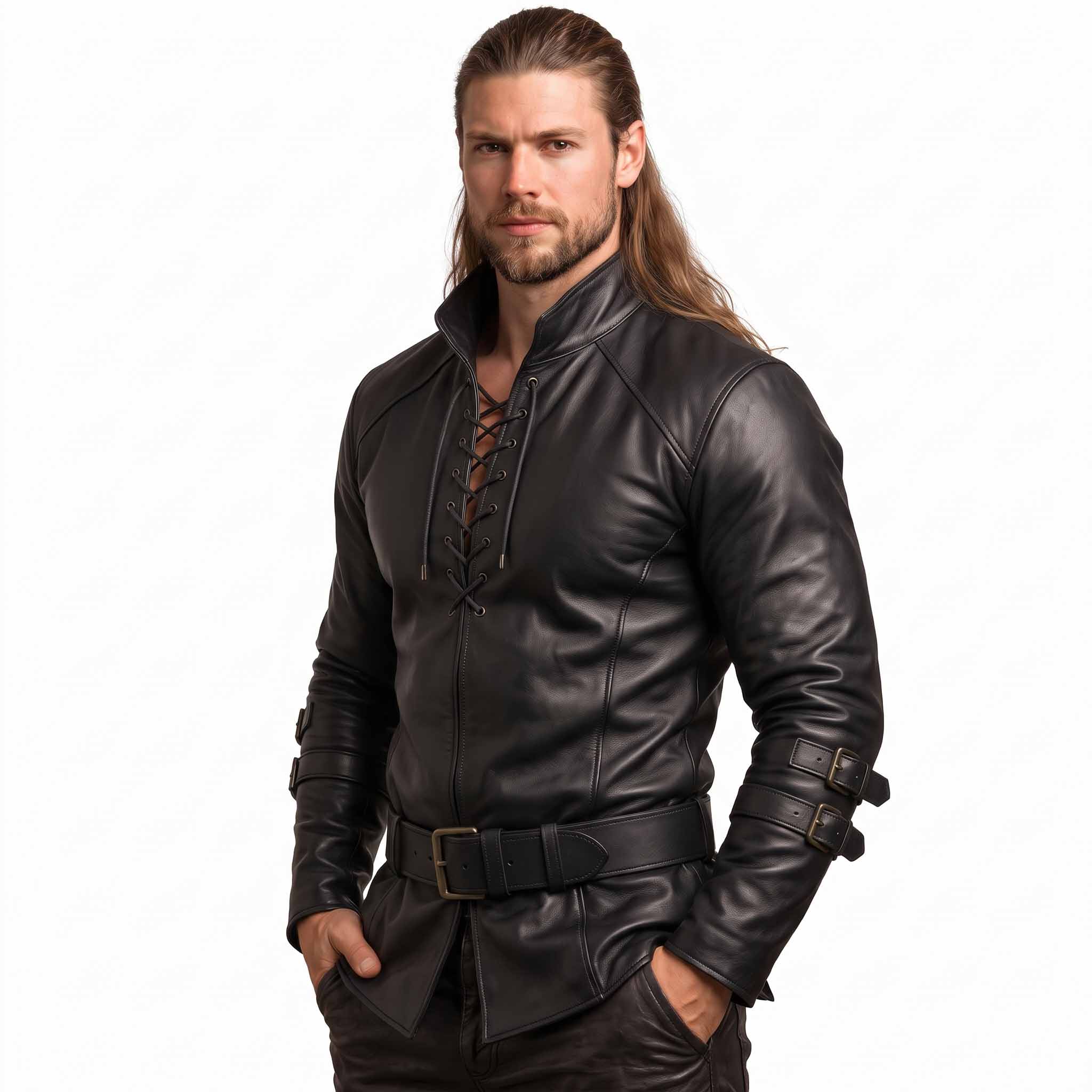 Front three-quarter view of man posing in black genuine leather fantasy warrior shirt showcasing forearm roller buckles and flared hem