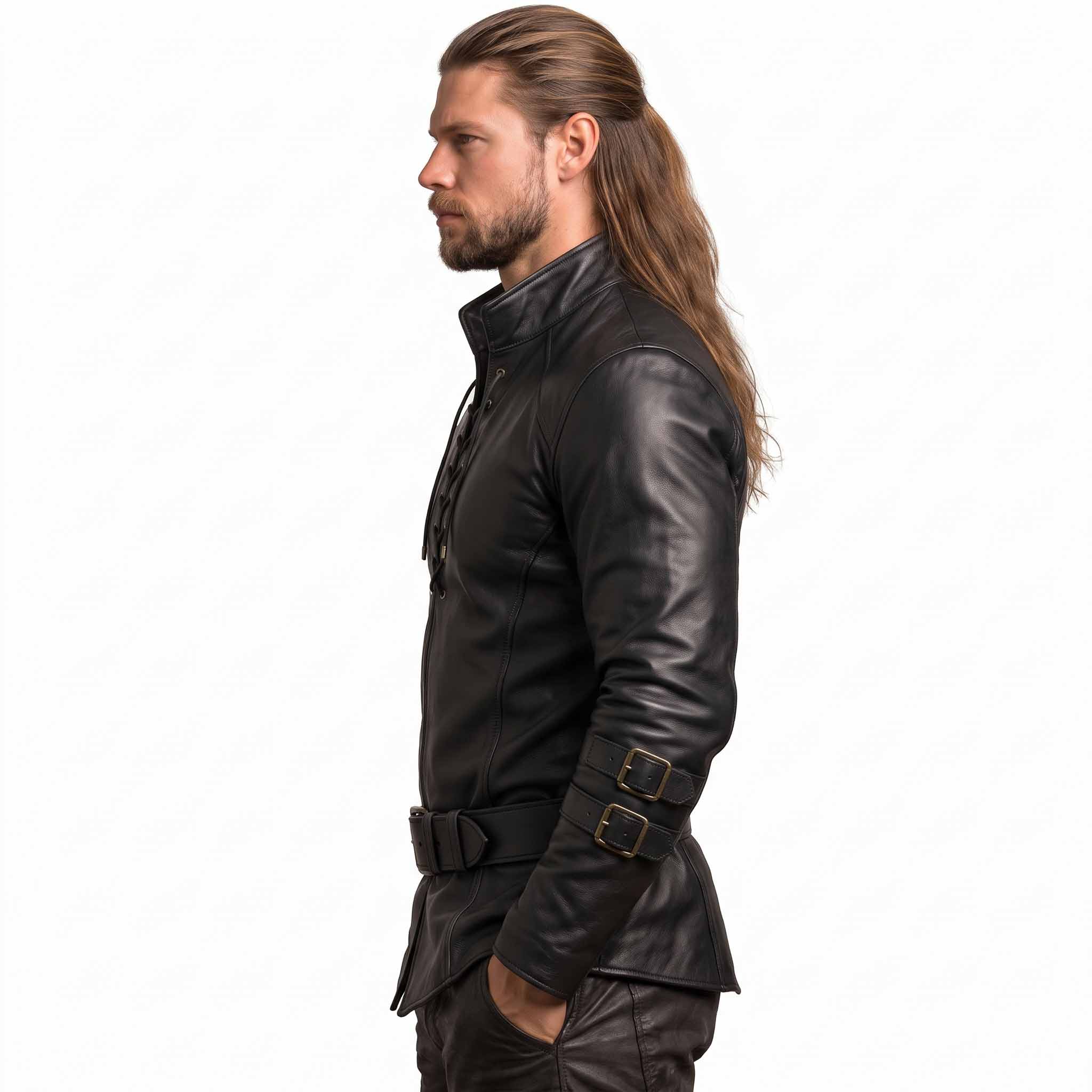 Side profile view of male model wearing black leather renaissance tunic detailing double forearm straps and high stand warrior collar