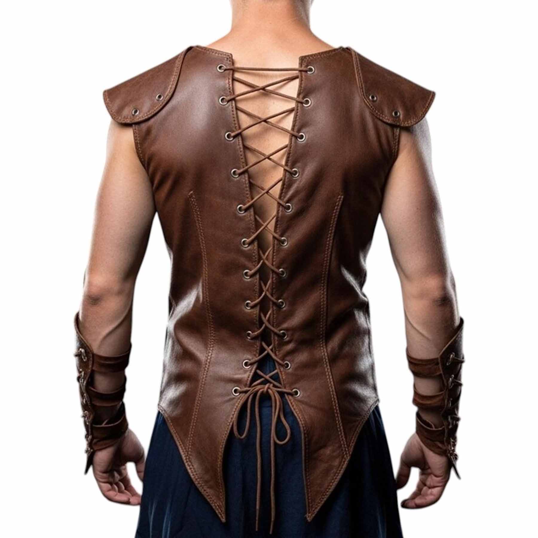 Rear view of the men's brown leather warrior vest showcasing the full-length adjustable back lacing, shoulder caps, and contoured split-tail hemline.