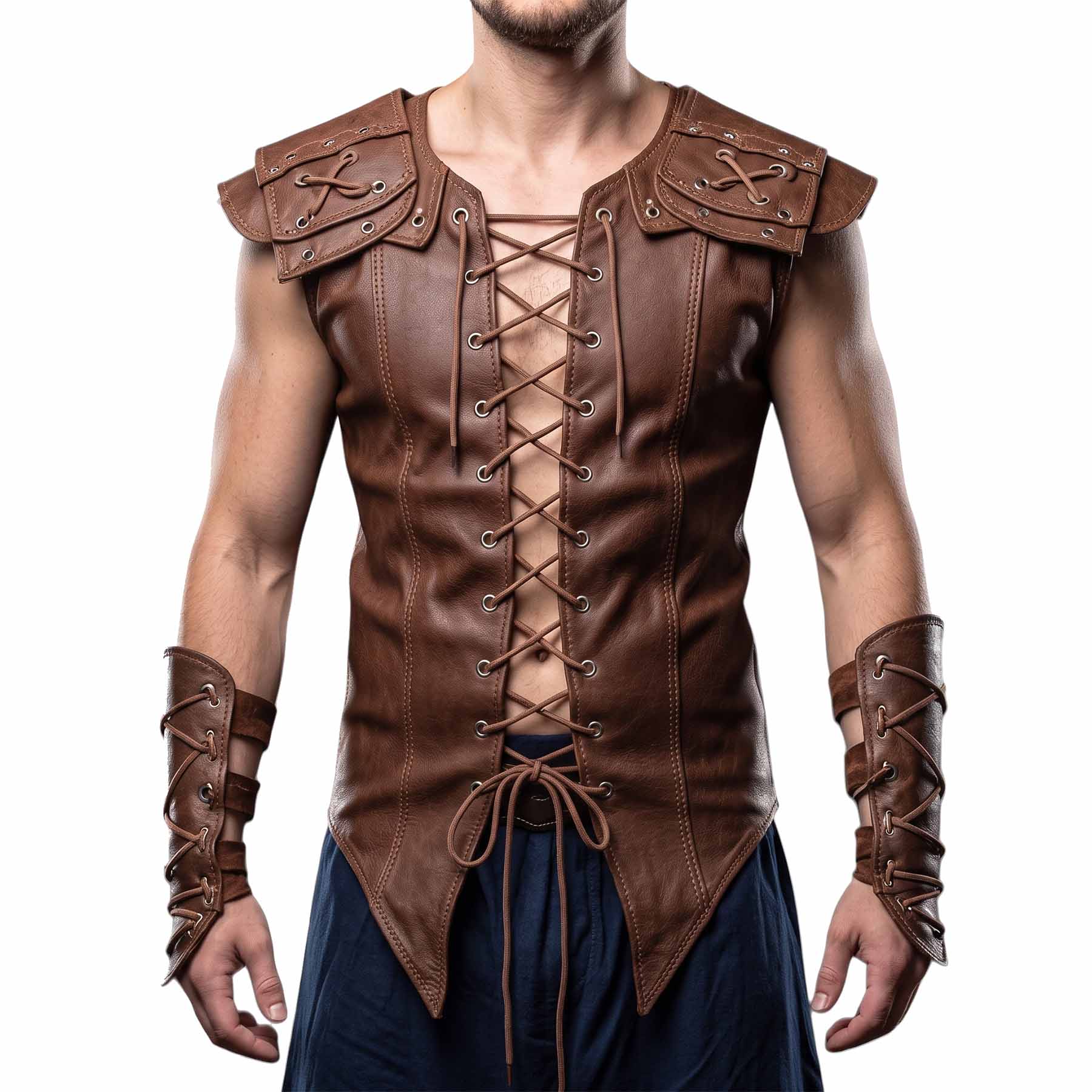 Front view of a man wearing the handmade brown leather Viking warrior vest with lace-up chest, armored shoulder pauldrons, pointed hem, and matching laced forearm bracers (pants not included).