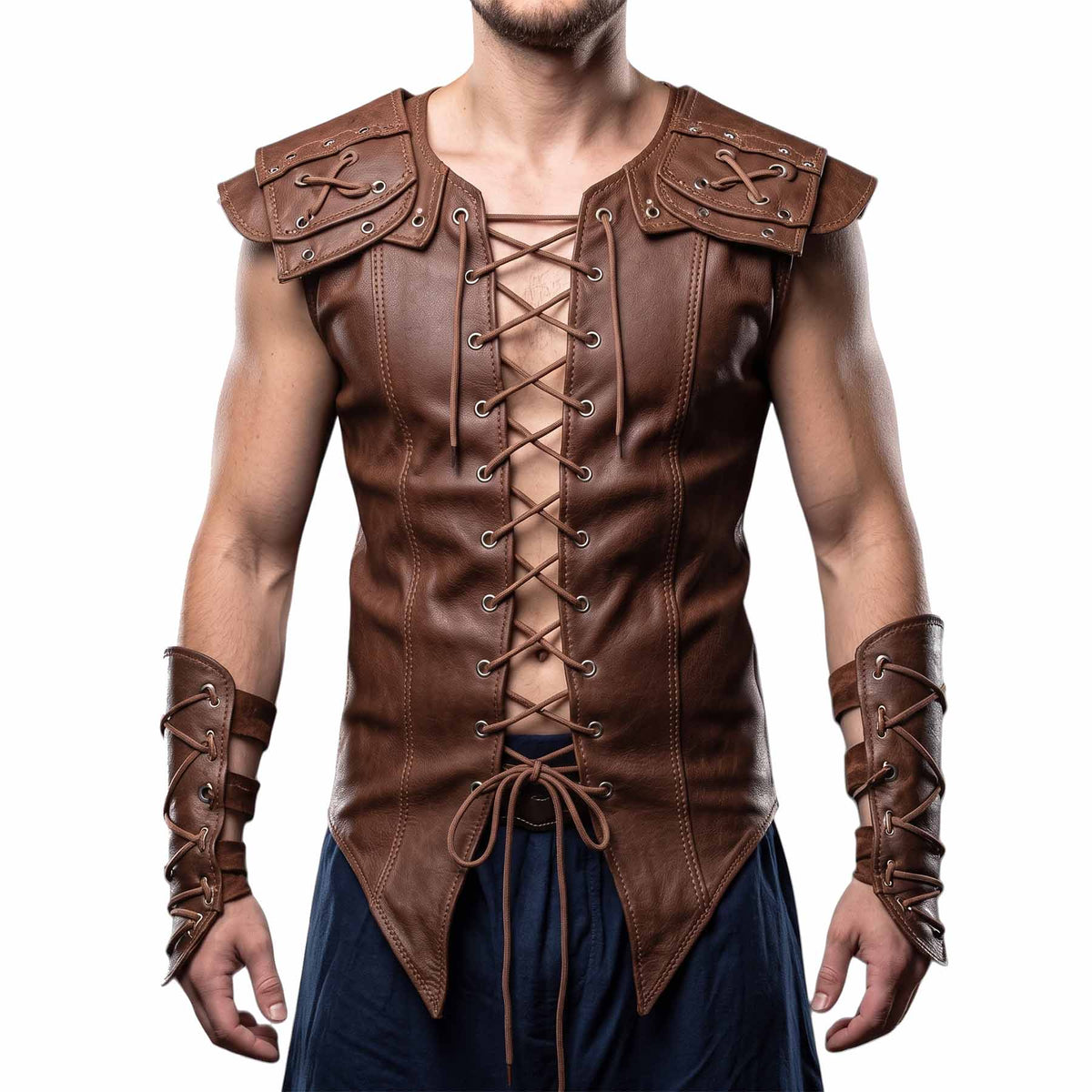 Front view of a man wearing the handmade brown leather Viking warrior vest with lace-up chest, armored shoulder pauldrons, pointed hem, and matching laced forearm bracers (pants not included).