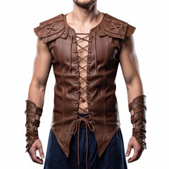 Front view of a man wearing the handmade brown leather Viking warrior vest with lace-up chest, armored shoulder pauldrons, pointed hem, and matching laced forearm bracers (pants not included).