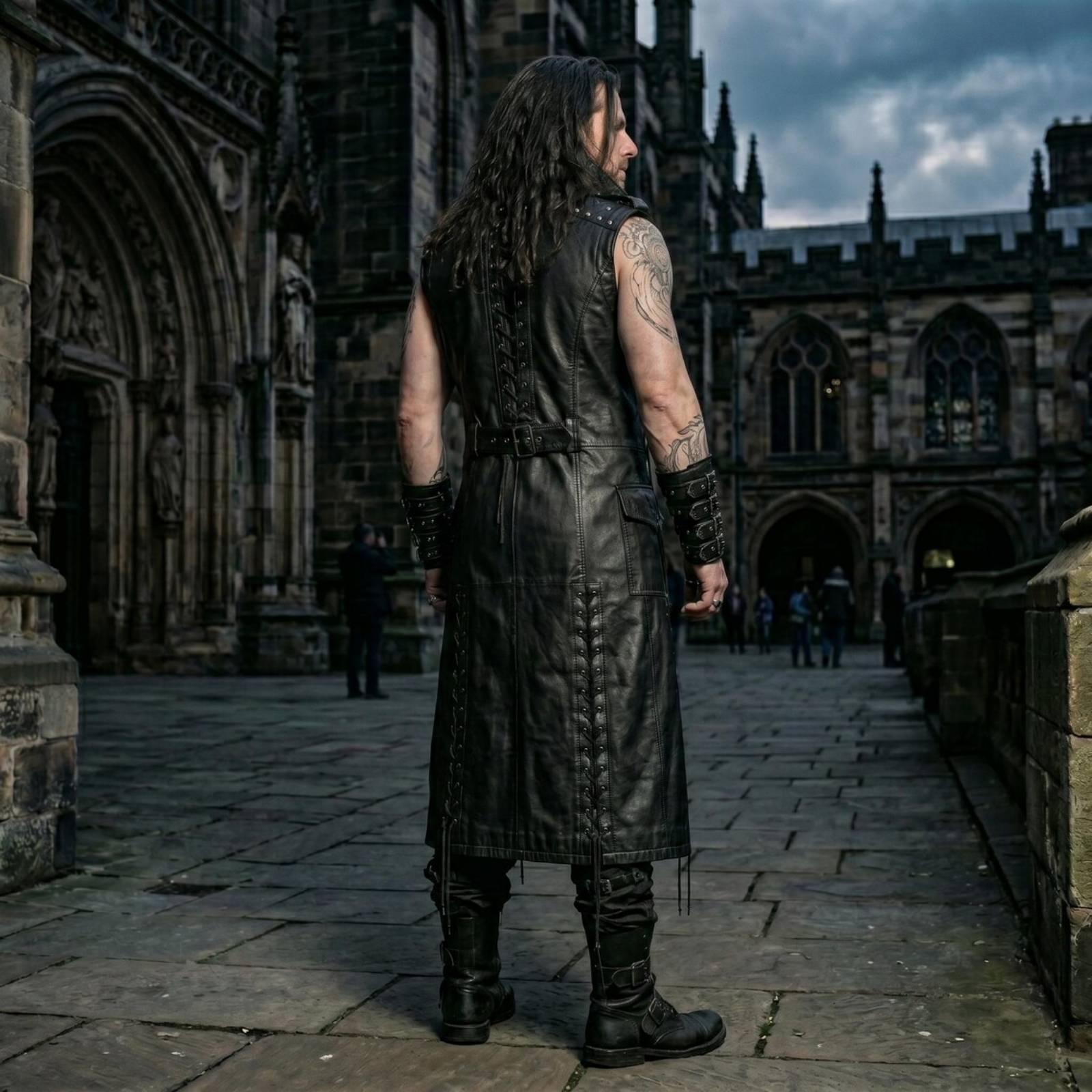 Rear three-quarter view of man wearing sleeveless black leather trench coat showing full spinal cord lacing, back waist belt, and tall buckled boots