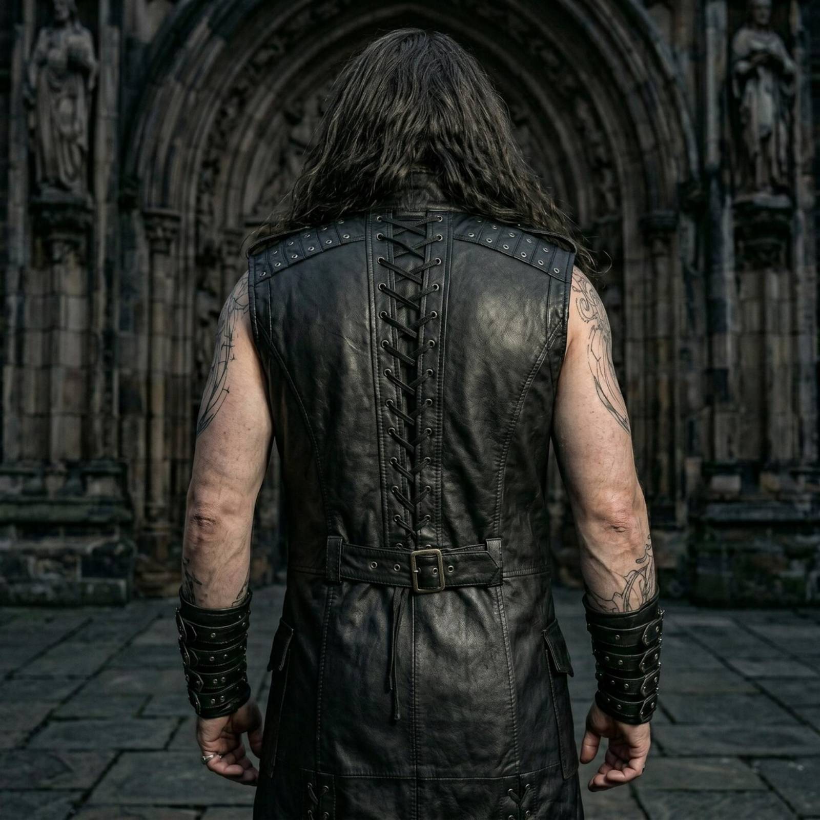 Close-up rear view of mens black cowhide leather armor vest highlighting studded shoulder yoke, center spine eyelet lacing, and buckled waist cinch belt
