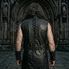 Close-up rear view of mens black cowhide leather armor vest highlighting studded shoulder yoke, center spine eyelet lacing, and buckled waist cinch belt