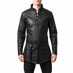 Front view of a man modeling the handmade black leather medieval tunic shirt, highlighting the lace-up chest placket, stand collar, and matching buckled waist belt (pants not included).