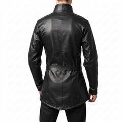 Rear view of the men's black leather renaissance warrior tunic showing the clean back yoke seams, long sleeves, and curved lower hemline.