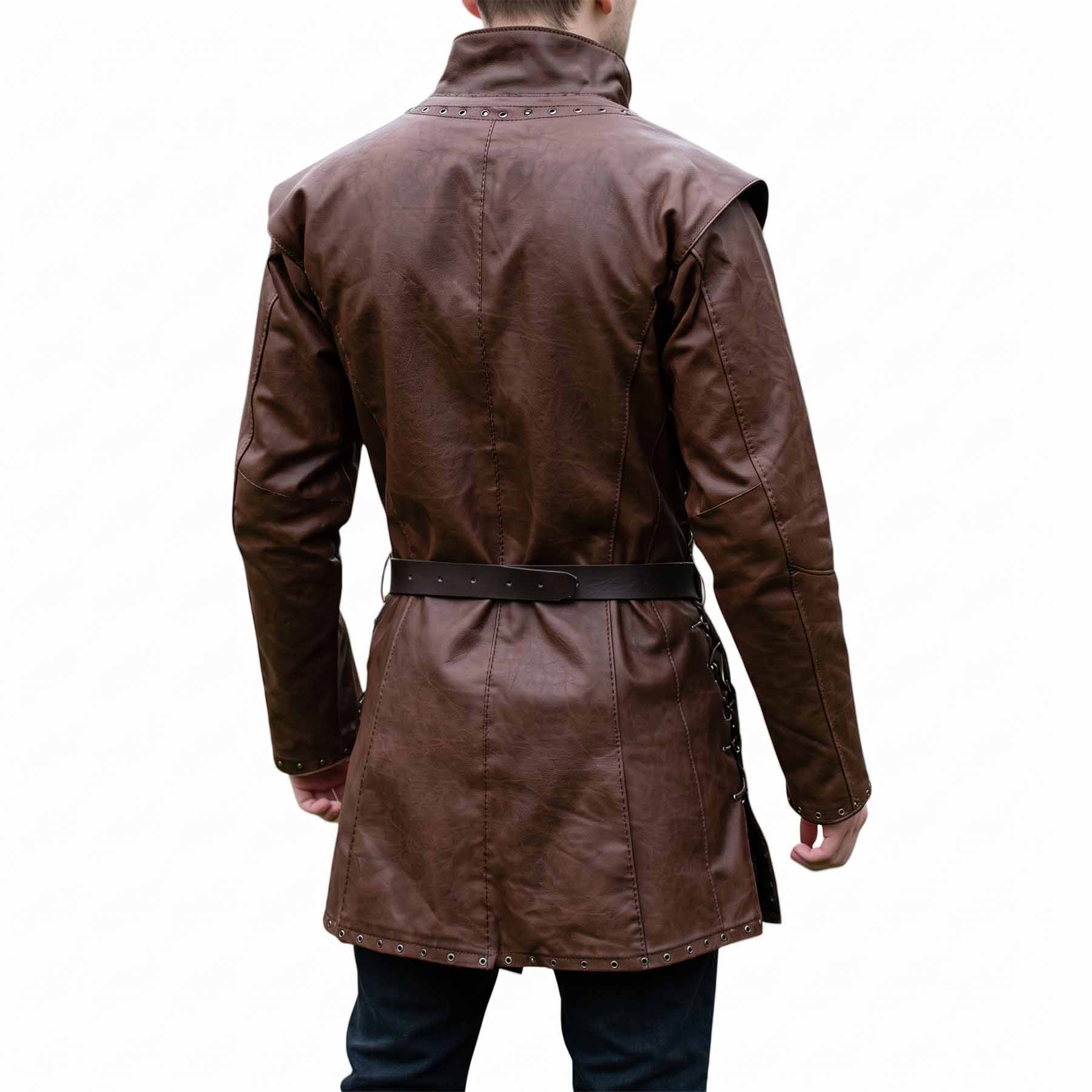 Rear view of the men's brown leather warrior tunic displaying clean vertical back panels, structured collar, and grommeted bottom hemline.