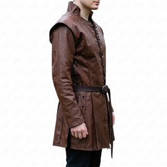 Side profile view highlighting the functional side lace-up adjustment cords, segmented side slit vents, and fitted long sleeves of the medieval leather jerkin.
