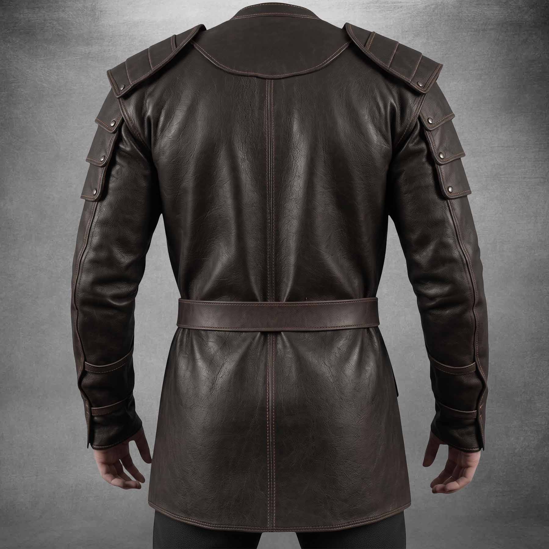 Rear view of the dark brown handmade leather warrior coat highlighting the contoured upper yoke, reinforced arm pauldrons, and smooth split-drape hem.