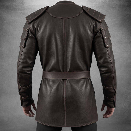 Rear view of the dark brown handmade leather warrior coat highlighting the contoured upper yoke, reinforced arm pauldrons, and smooth split-drape hem.