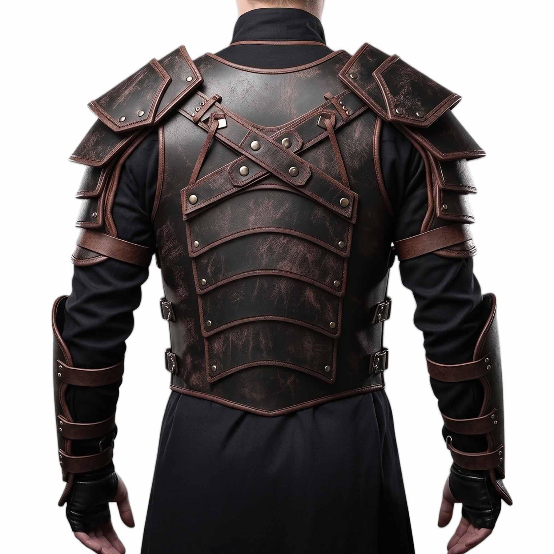 Rear view of the warrior leather armor displaying the overlapping back plates, criss-cross strap harness, and adjustable side buckle closures.