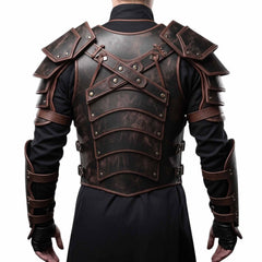 Rear view of the warrior leather armor displaying the overlapping back plates, criss-cross strap harness, and adjustable side buckle closures.
