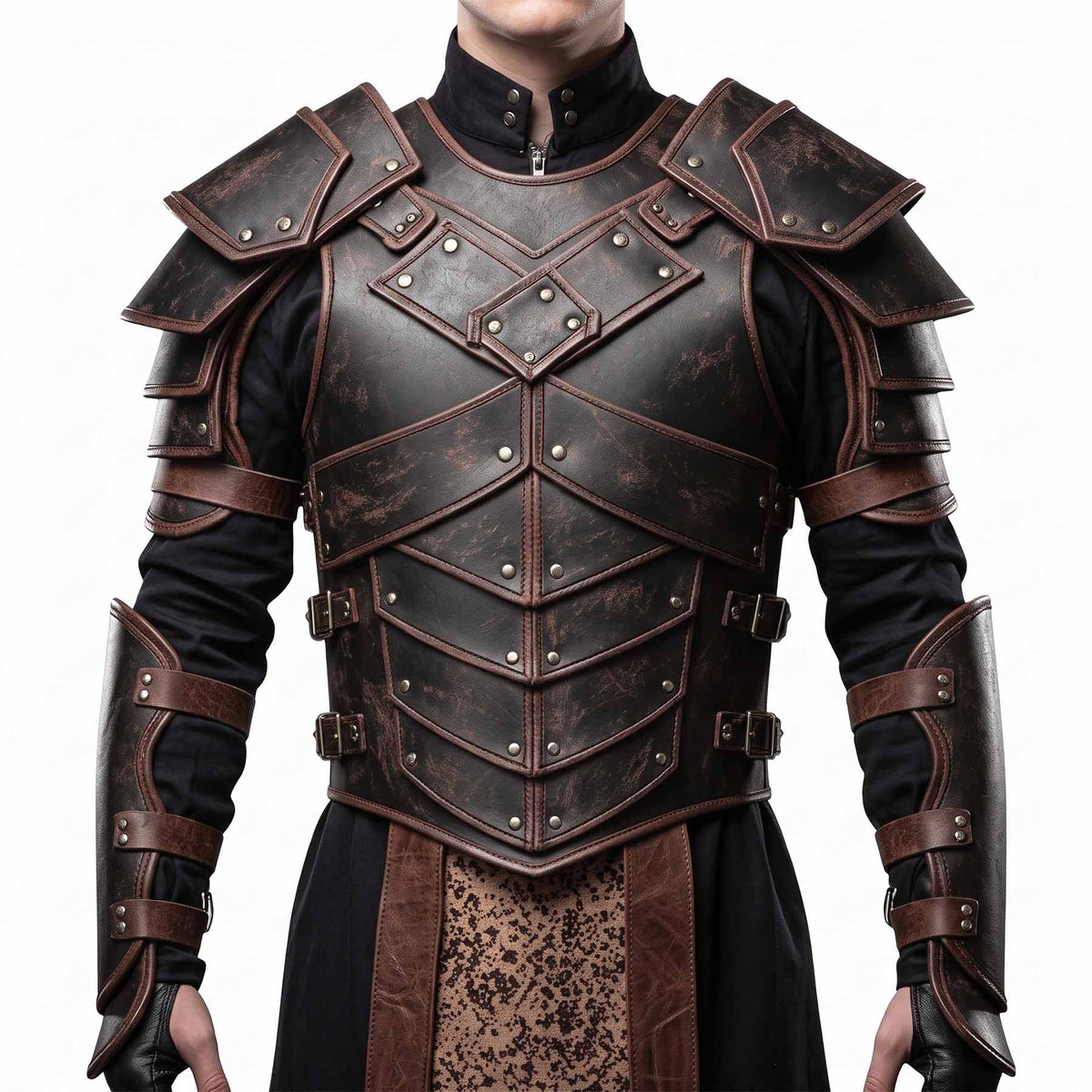 Front view of the men's handmade distressed black and brown medieval leather armor set, showing the segmented chest cuirass, layered shoulder pauldrons, and matching arm bracers.