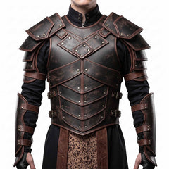 Front view of the men's handmade distressed black and brown medieval leather armor set, showing the segmented chest cuirass, layered shoulder pauldrons, and matching arm bracers.
