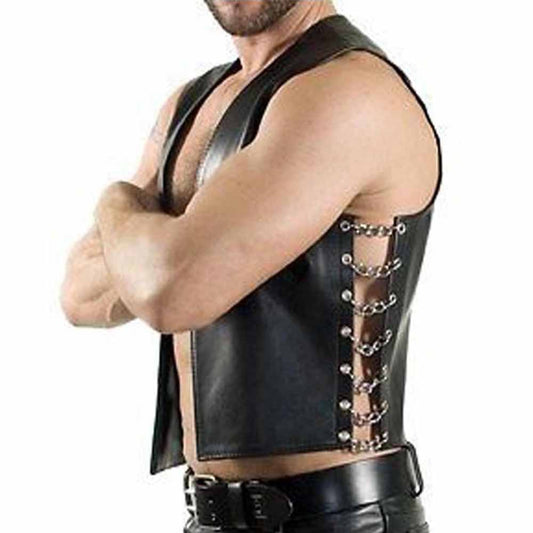 Side profile of a man wearing a black cowhide leather biker waistcoat showing the silver metal side chain detailing.