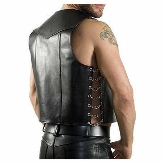Back view of a black genuine leather waistcoat vest highlighting the clean paneling and side chain closure.