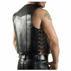 Back view of a black genuine leather waistcoat vest highlighting the clean paneling and side chain closure.