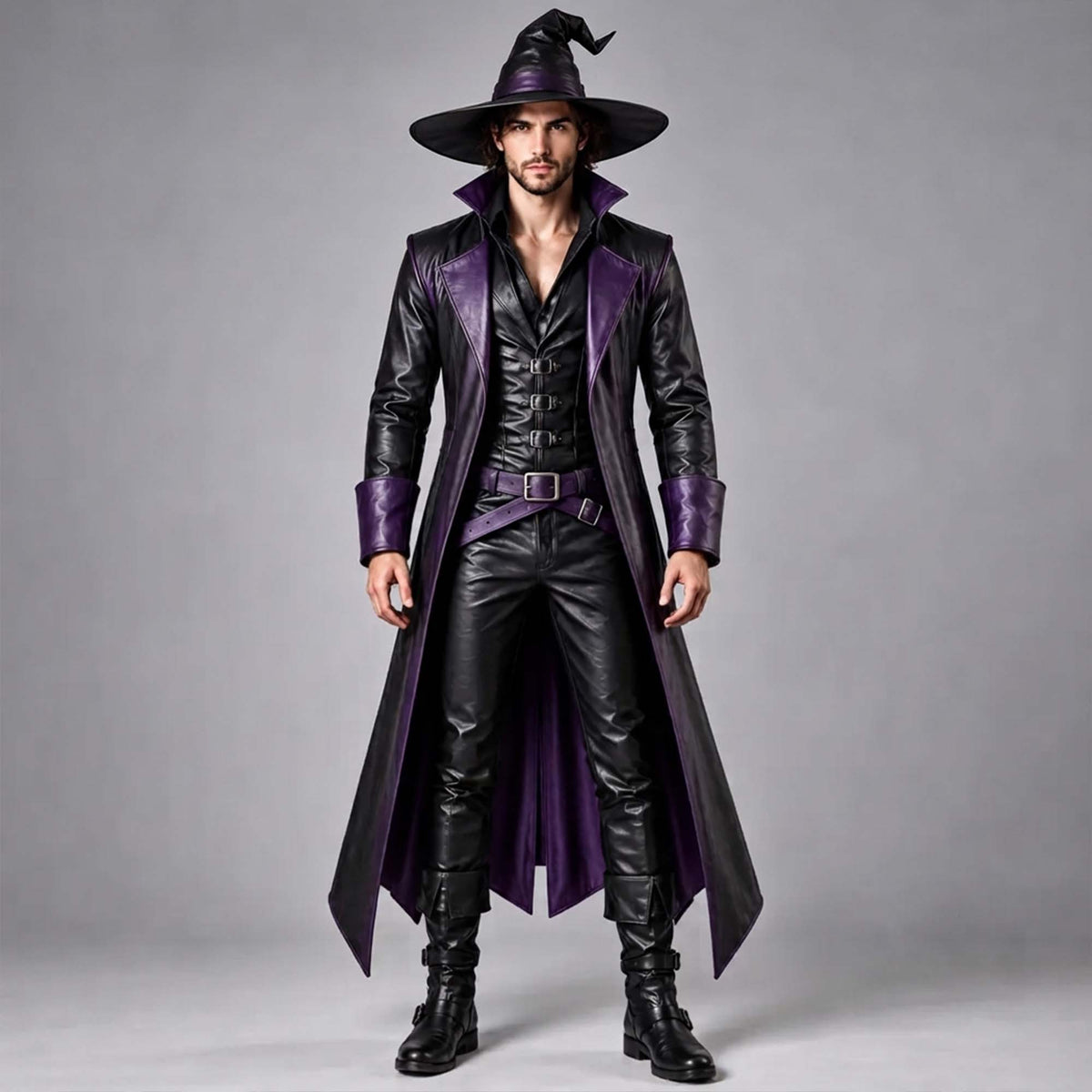 Full front view of a model wearing the complete men's purple and black leather witch costume, featuring the warlock coat, matching wizard hat, pants, and belt.
