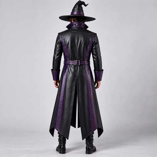 Rear view of the dark fantasy leather warlock coat and pointed witch hat, highlighting the dramatic coat tails and back belt detailing.