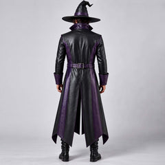 Rear view of the dark fantasy leather warlock coat and pointed witch hat, highlighting the dramatic coat tails and back belt detailing.