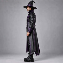 Side profile view of the model showcasing the length and silhouette of the handmade leather wizard coat and hat.