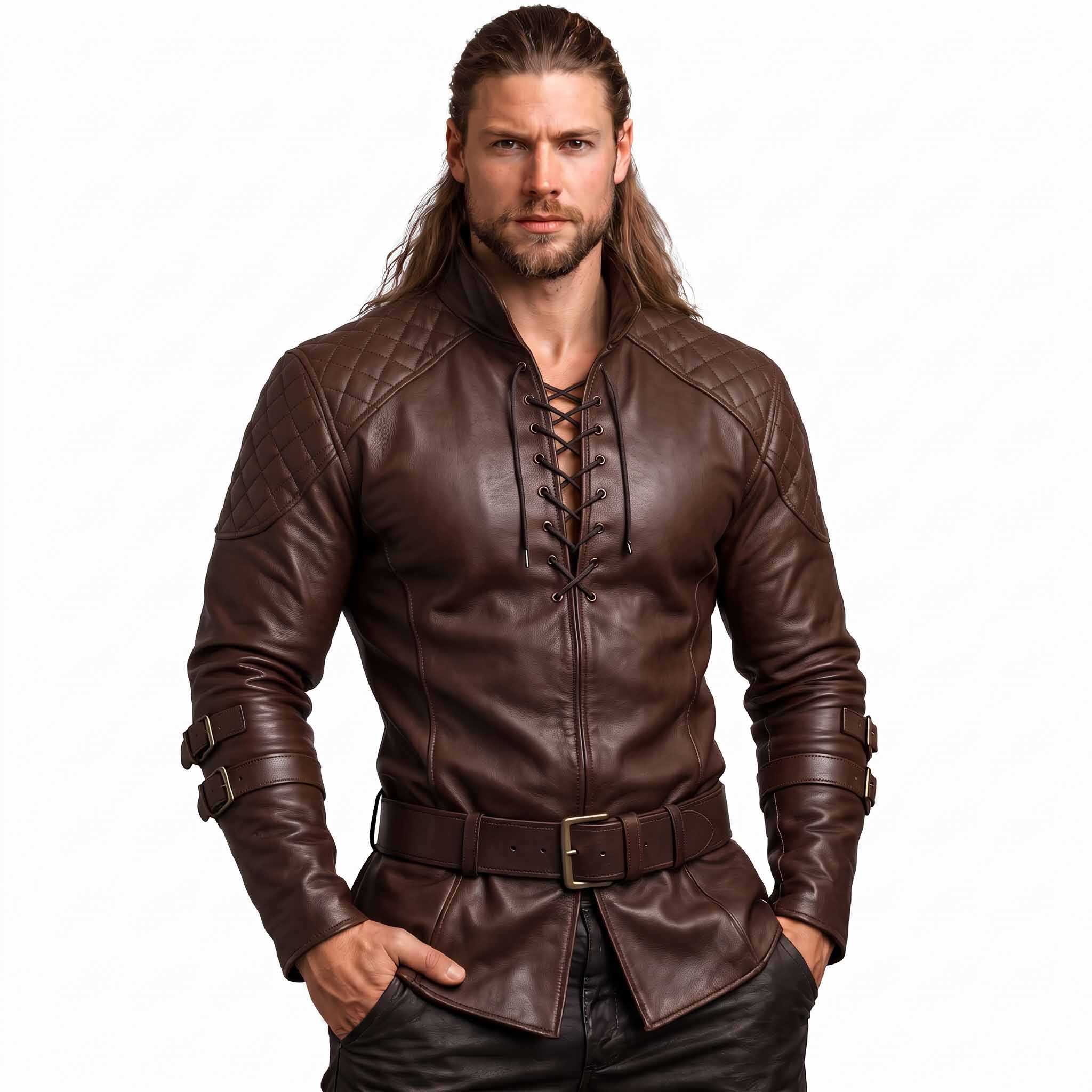 Front view of athletic man with long hair wearing handmade dark brown cowhide leather viking tunic with diamond quilted shoulders and chest cord lacing