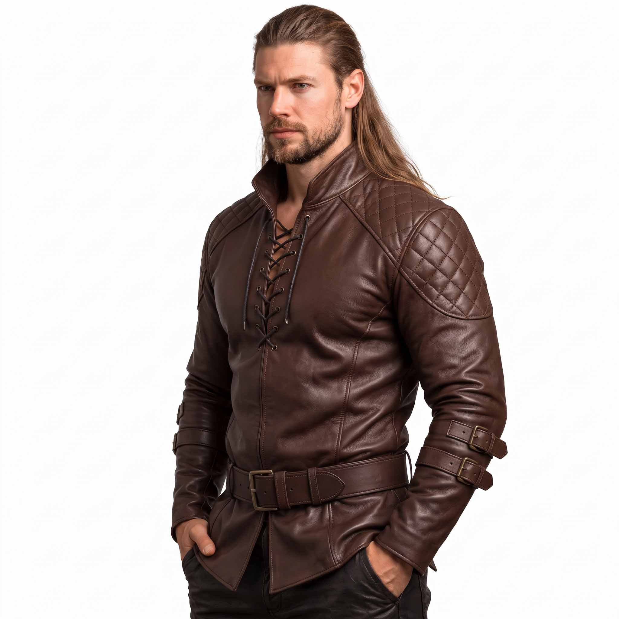 Three-quarter perspective of man wearing dark brown quilted leather warrior shirt highlighting chest eyelet ties and dual forearm roller buckles