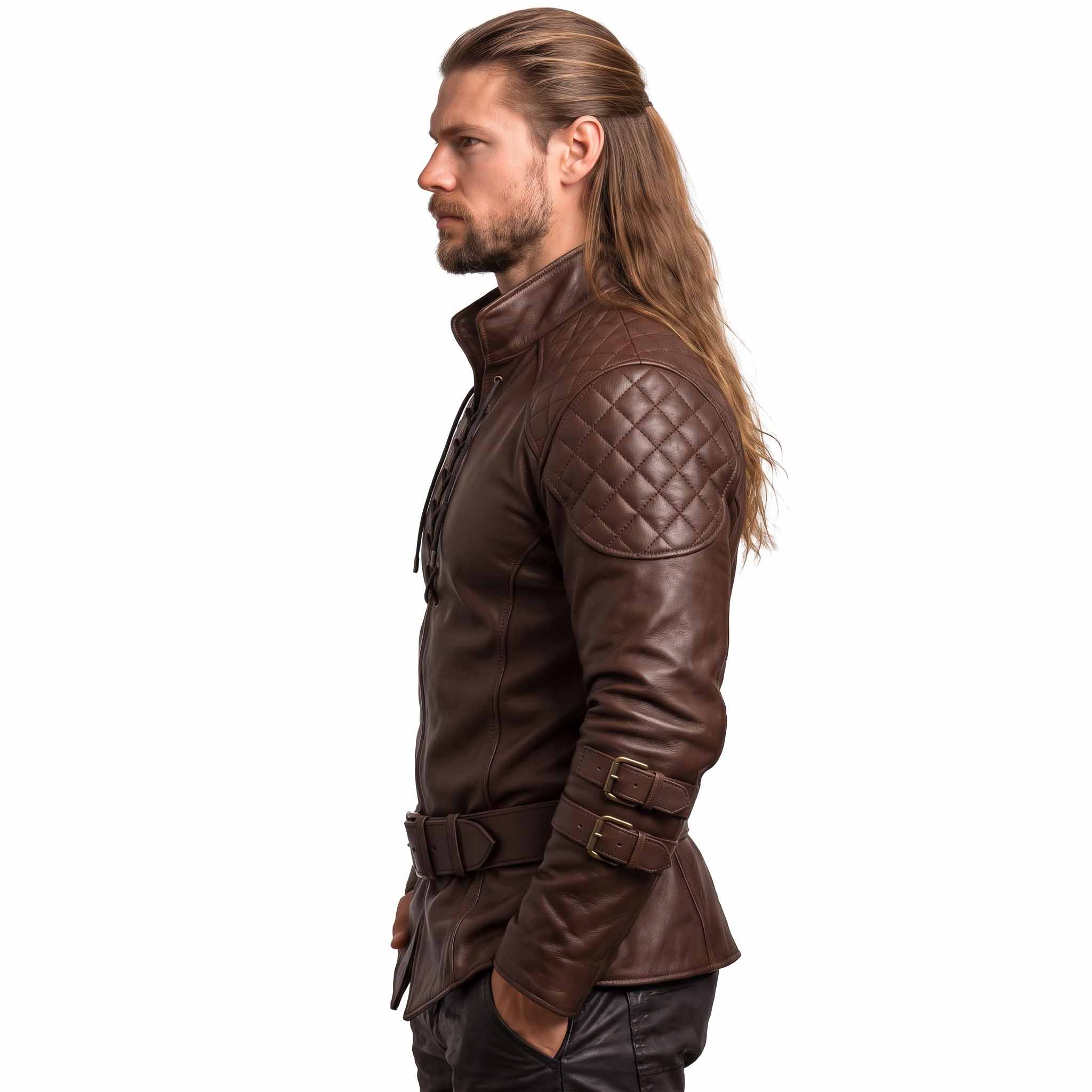 Side profile 90 degree studio view of fitted brown leather larp tunic showing diamond quilted shoulder pad and pointed peplum hemline