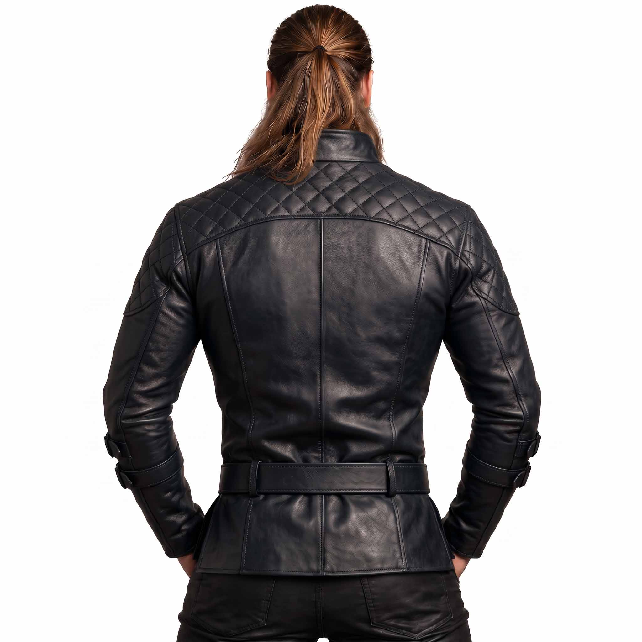 Direct rear view of man modeling black leather medieval combat tunic displaying quilted upper back yoke and buckled leather belt