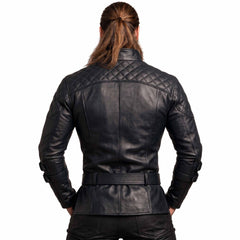 Direct rear view of man modeling black leather medieval combat tunic displaying quilted upper back yoke and buckled leather belt