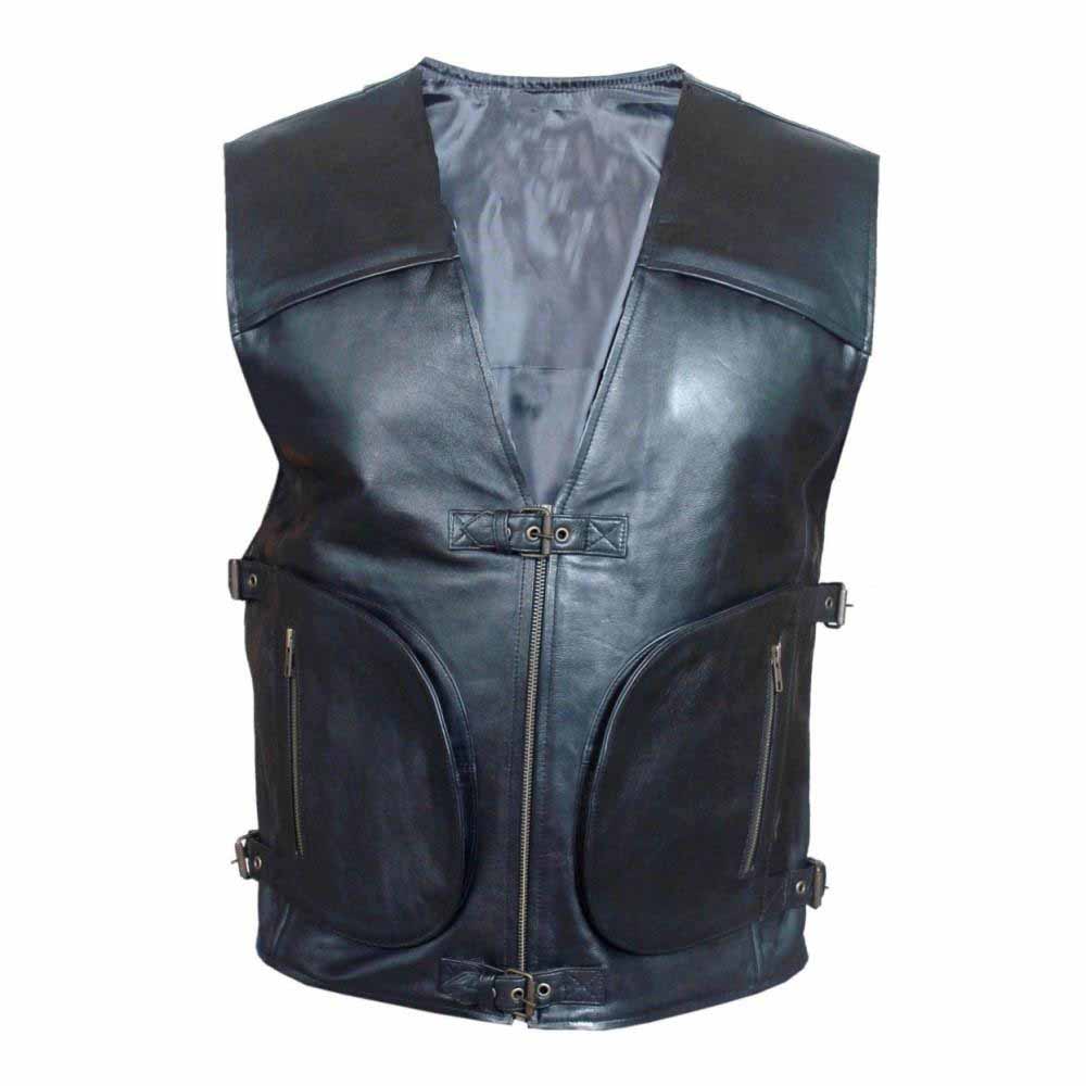 Front view of men's black real cowhide leather biker gilet vest displaying top and bottom buckle straps, heavy-duty central zipper, and 2 large curved zipped pouch pockets.