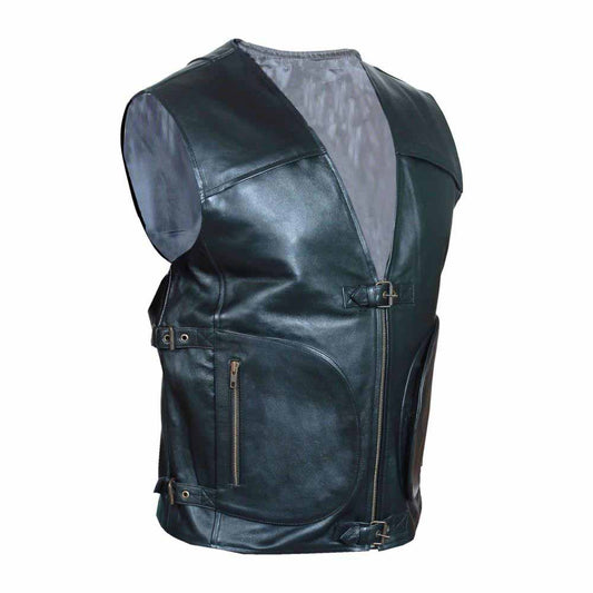 Three-quarter side angle of men's black leather motorcycle waistcoat highlighting side-adjustment buckles and deep zippered front storage pockets.