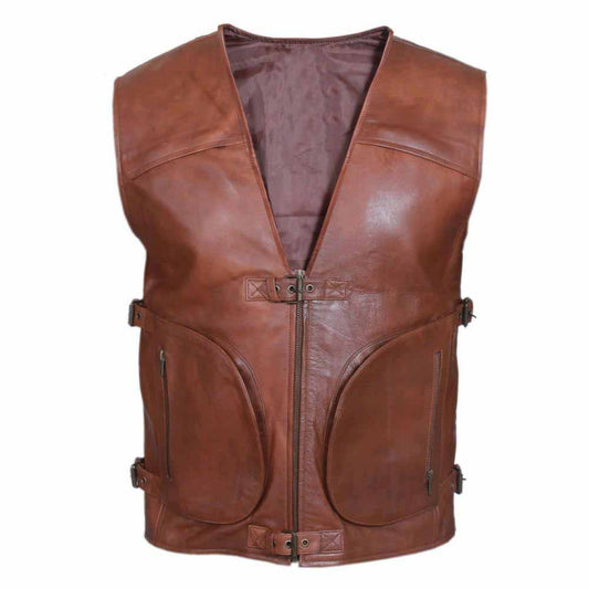 Front view of men's brown real cowhide leather biker gilet vest displaying top and bottom buckle straps, heavy-duty central zipper, and 2 large curved zipped pouch pockets.