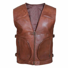 Front view of men's brown real cowhide leather biker gilet vest displaying top and bottom buckle straps, heavy-duty central zipper, and 2 large curved zipped pouch pockets.
