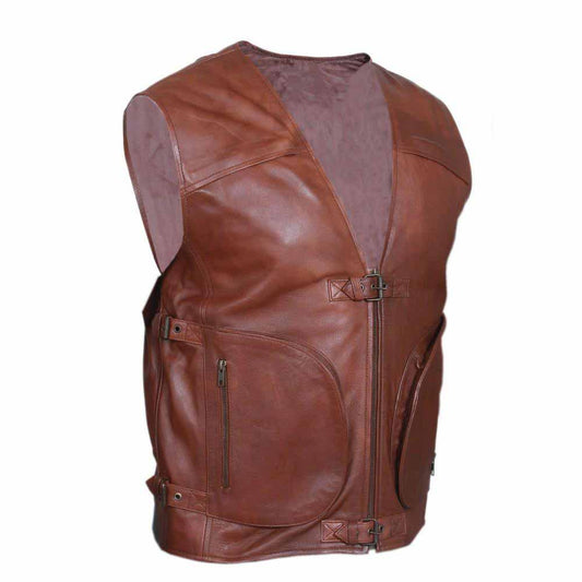 Three-quarter side angle of men's brown leather motorcycle waistcoat highlighting side-adjustment buckles and deep zippered front storage pockets.