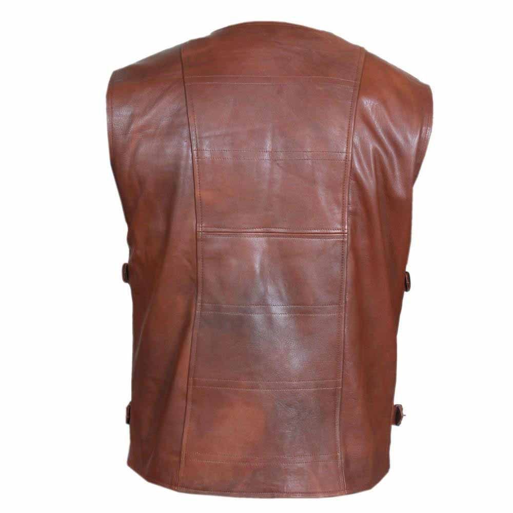 Rear view of men's genuine brown leather biker vest showing structured back paneling and side fit adjusters.