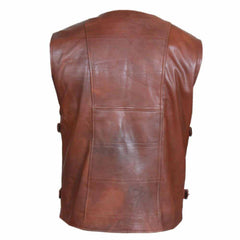 Rear view of men's genuine brown leather biker vest showing structured back paneling and side fit adjusters.